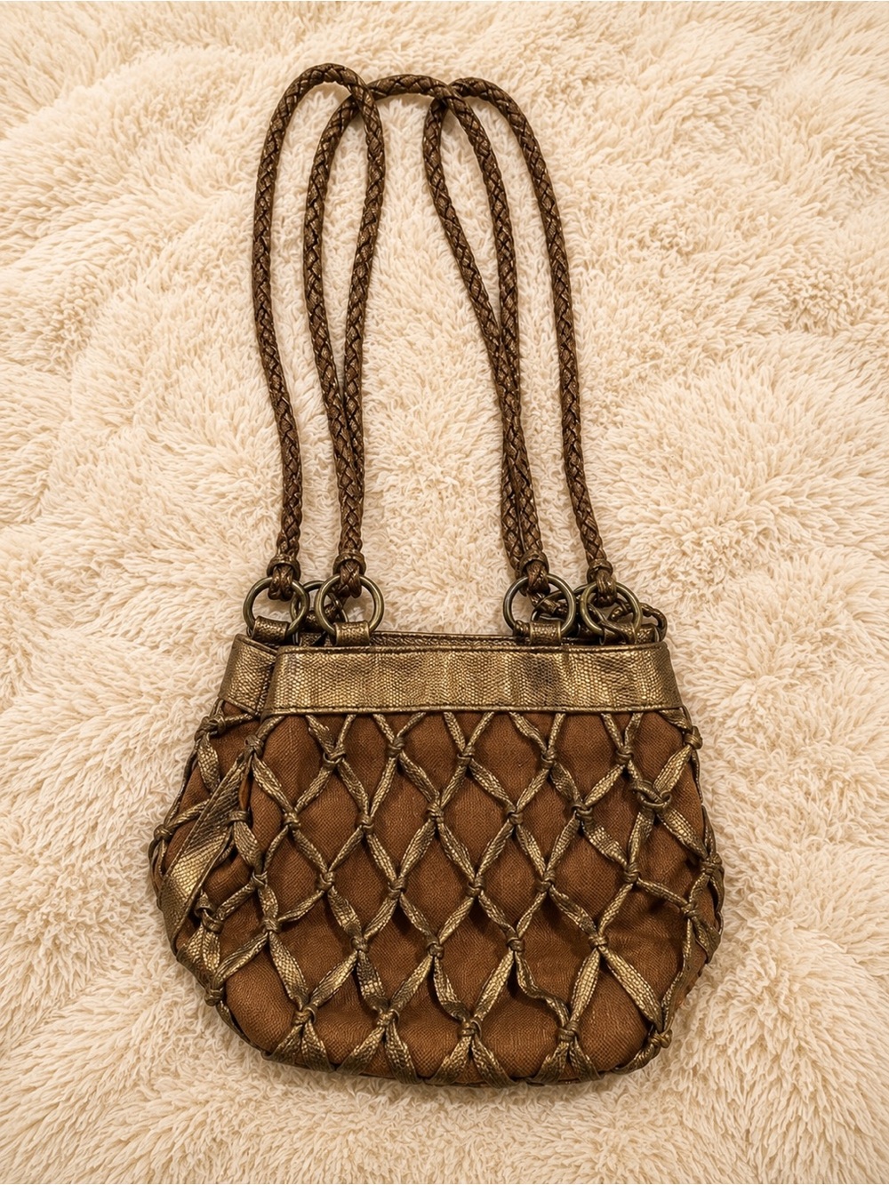 Vintage Braided Net Shoulder Bag in Brown and Gold